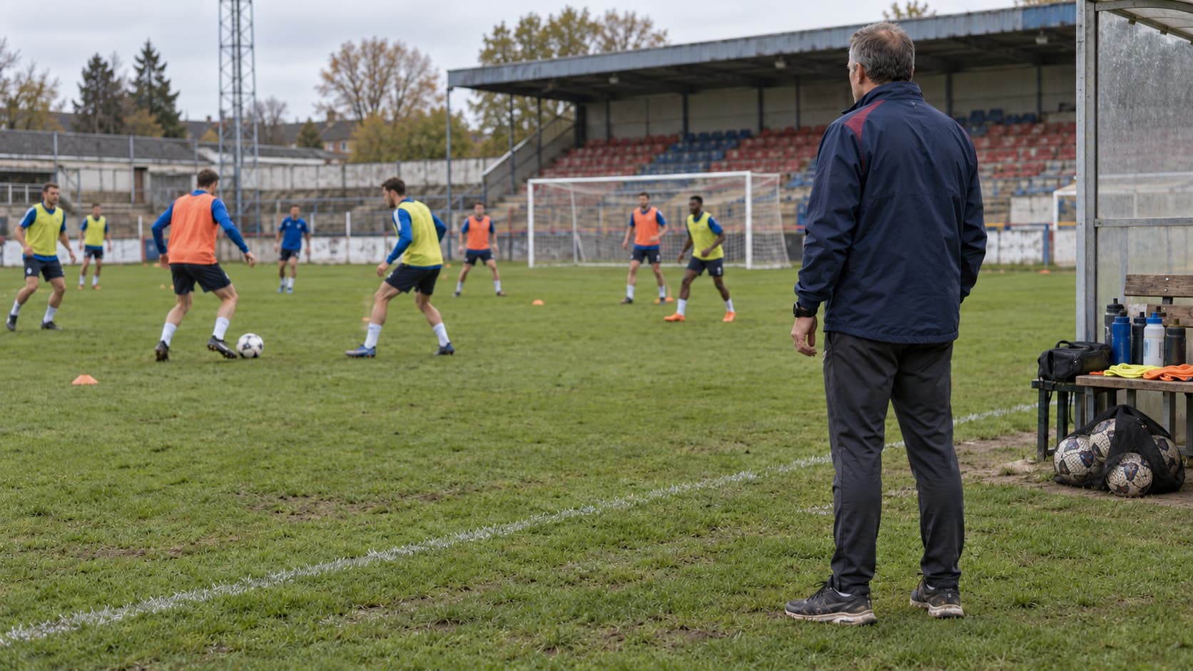 A coach watches a training session from the touchline; balls, cones and bottles on the bench.